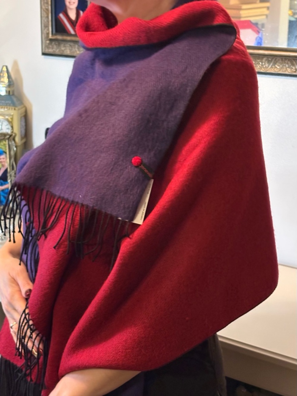 Genevieve dostaler 2 tone Purple and Red Fringe  100 % wool Scarf